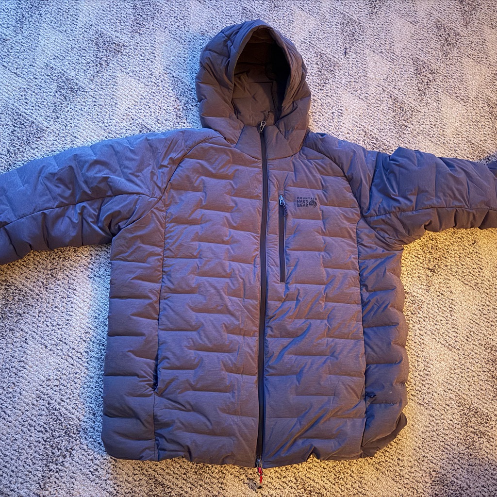 Mountain Hardware Stretch Down Hooded Puffer Jacket - Heather Grey